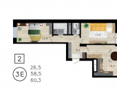 2-комн, 60 кв м, этаж 11/21 ул Рокоссовского, 53