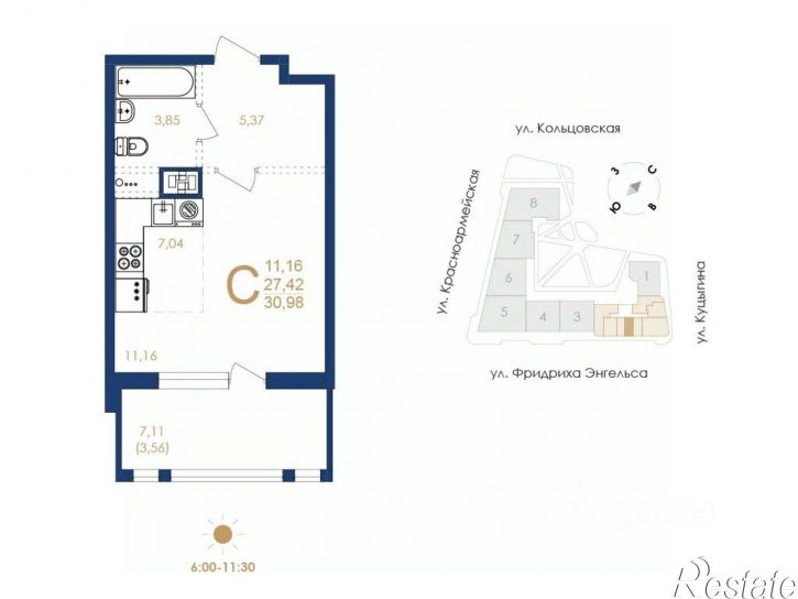 1-комн квартира в новом доме улица Фридриха Энгельса, 88 стр.,  д. 88 стр.