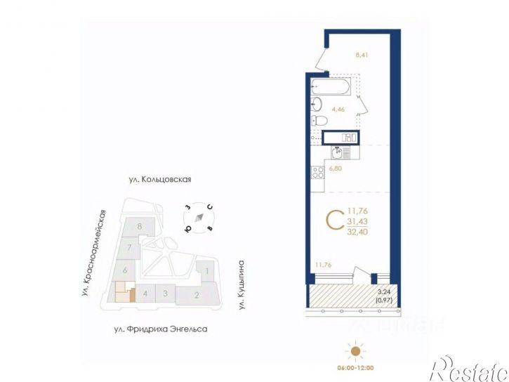 1-комн квартира в новом доме улица Фридриха Энгельса, 88 стр.,  д. 88 стр.