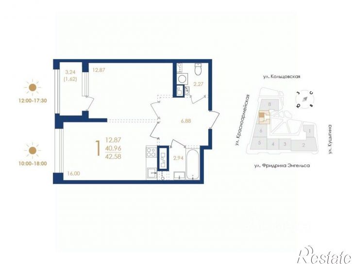 1-комн квартира в новом доме улица Фридриха Энгельса, 88 стр.,  д. 88 стр.