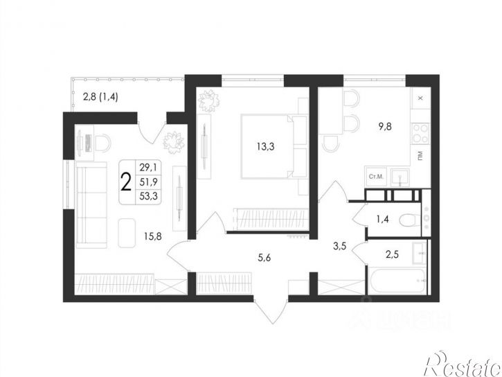 2-комн квартира в новом доме проспект Патриотов, поз. 1,  д. поз. 1