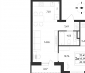 2-комн, 45 кв м, этаж 4/17 проспект Патриотов, поз. 7