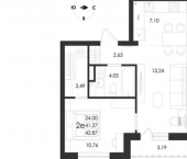 2-комн, 43 кв м, этаж 14/17 проспект Патриотов, поз. 7