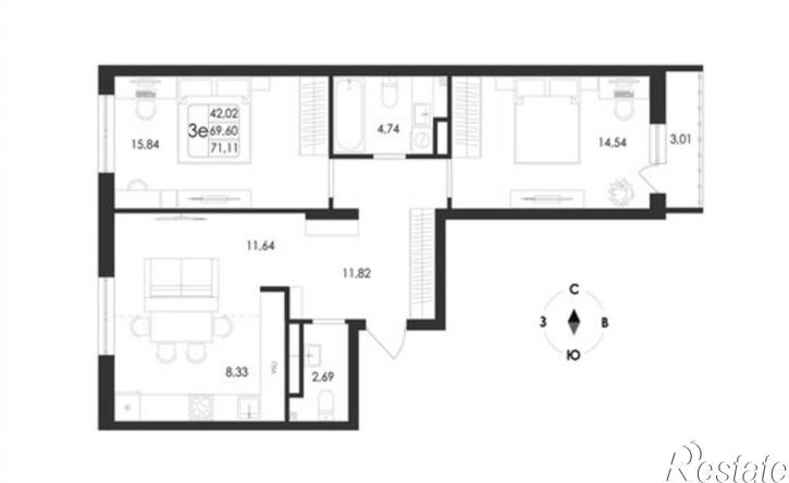3-комн квартира в новом доме ул Ключевая, 1В,  д. 1В