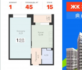 1-комн, 45 кв м, этаж 15/21 ул Дружинников, 8В