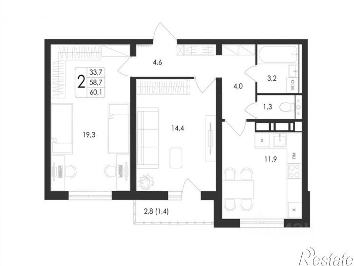 2-комн квартира в новом доме проспект Патриотов, поз. 1,  д. поз. 1