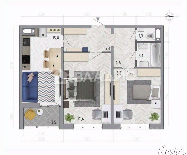 2-комн квартира улица Фёдора Тютчева, 105,  д. 105