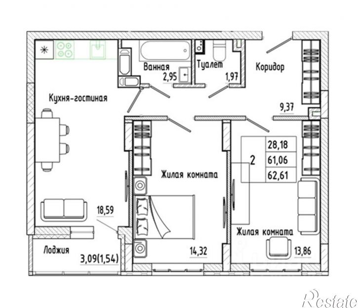2-комн квартира в новом доме Нижняя улица, 52,  д. 52