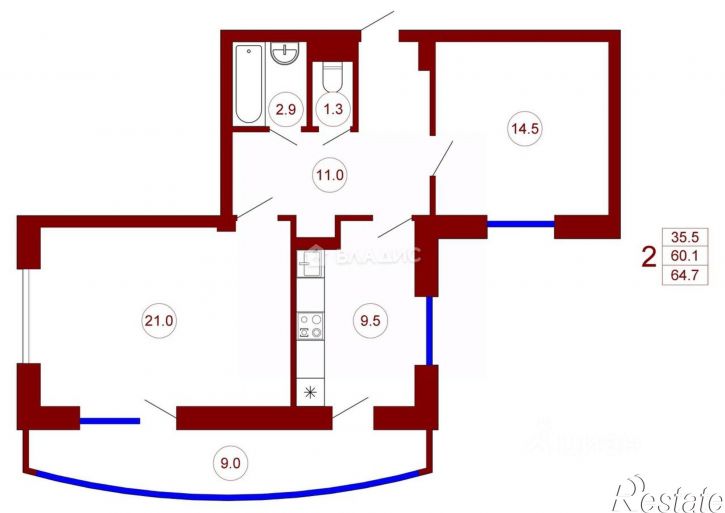 2-комн квартира ул Академика Гмелина, 10,  д. 10