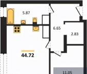 1-комн, 44 кв м, этаж 6/25 ул Кривошеина, 13/14