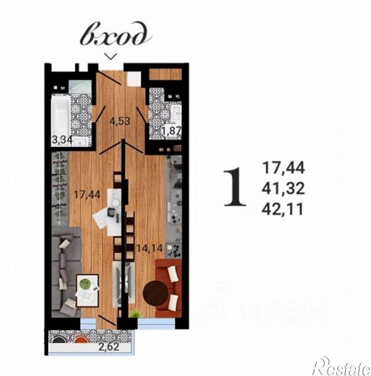 1-комн квартира в новом доме ул Антонова-Овсеенко, 35м,  д. 35м
