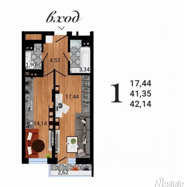 1-комн квартира в новом доме ул Антонова-Овсеенко, 35м,  д. 35м